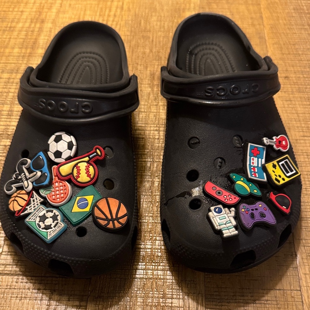 CROCS Kids Black Slippers with Colorful Charms